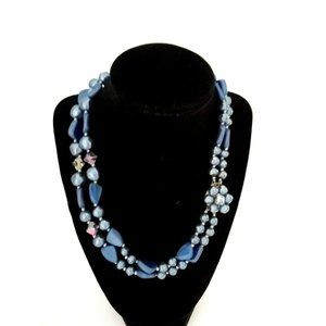 Vintage Double Strand Blue Dimpled Round Triangle Clear Rivoli Bead Necklace 18"